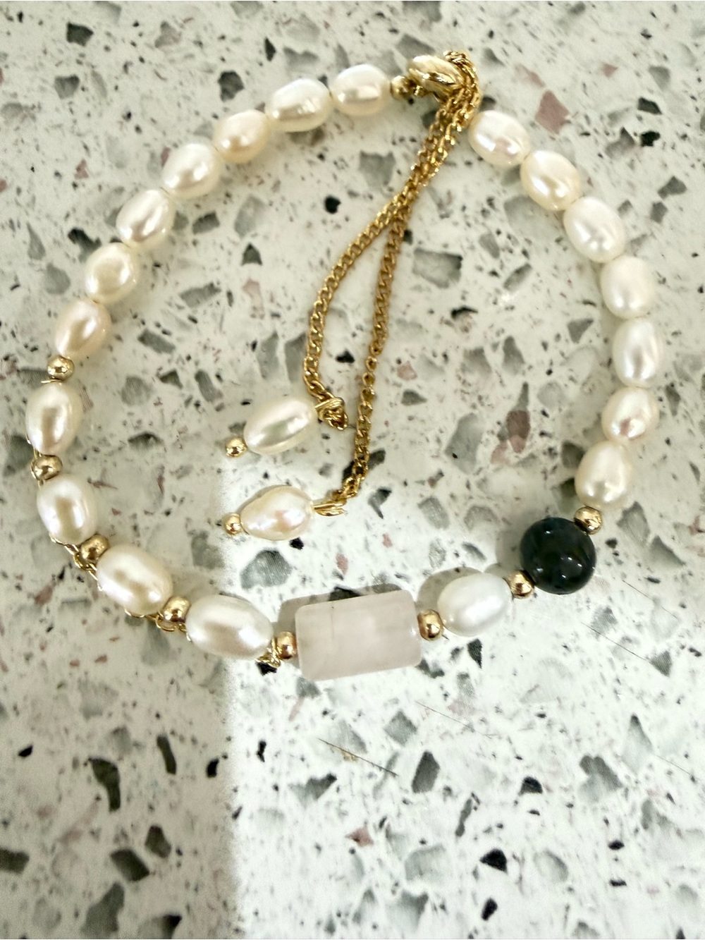 Handmade Freshwater Rice Pearl Bracelet Rose Quartz Barrel&Labradorite